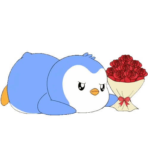 A Blue And White Penguin Laying Down Next To A Bouquet Of Red Roses Sticker