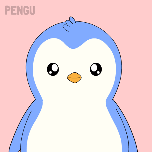 A Blue And White Penguin On A Pink Background With Pengu Written On The Bottom GIF