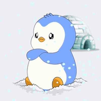 A Blue And White Penguin Sitting In The Snow In Front Of An Igloo GIF