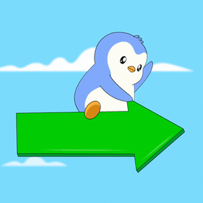 A Blue And White Penguin Sitting On A Green Arrow Pointing To The Right GIF