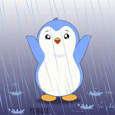 A Blue And White Penguin Standing In The Rain With The Word Penguin Below It GIF