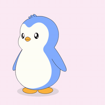 A Blue And White Penguin Standing Next To A Pile Of Coins GIF