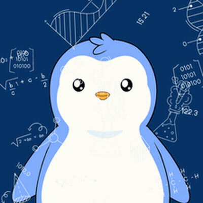 A Blue And White Penguin Stands In Front Of A Blue Background With Numbers And Letters GIF