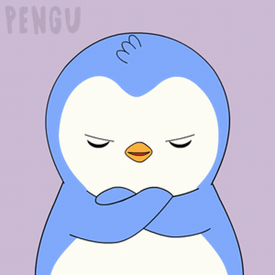 A Blue And White Penguin With Its Arms Crossed And The Word Pengu On The Bottom GIF