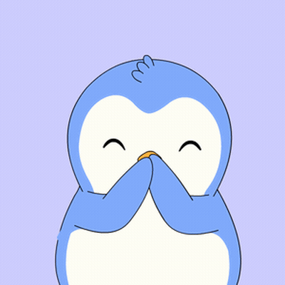 a blue and white penguin with its eyes closed and a yellow beak
