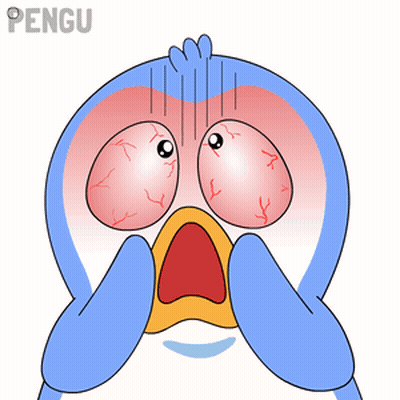 A Blue And White Penguin With Red Eyes And The Word Pengu Written Above It GIF