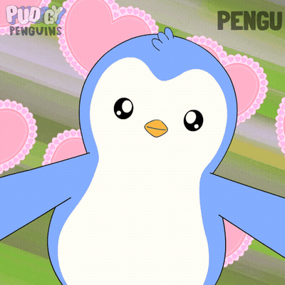 A Blue And White Penguin With The Name Pengu On The Bottom Right GIF