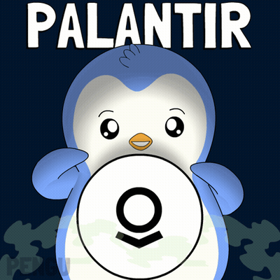 A Blue And White Penguin With The Word Palantir Written Above It GIF
