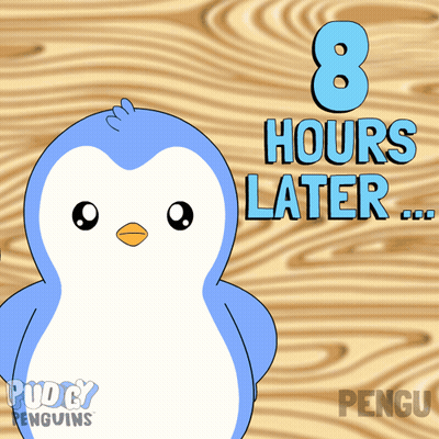 A Blue And White Penguin With The Words " 8 Hours Later " Behind It GIF