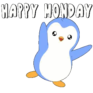 A Blue And White Penguin With The Words Happy Monday Written Above It Sticker