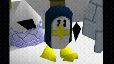 A Blue And White Penguin With Yellow Feet And A Diamond On Its Head GIF