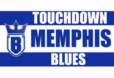 A Blue And White Sign That Says Touchdown Memphis Blues On It GIF