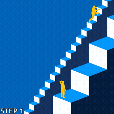 A Blue And White Staircase With The Words Small Steps Forward Step 1 Below It GIF