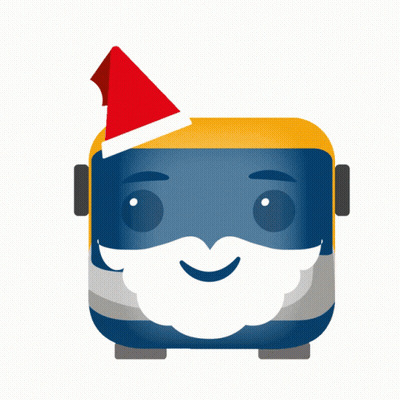A Blue And Yellow Bus With A Santa Hat On GIF