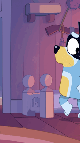 A Blue And Yellow Cartoon Dog Is Running In A Dark Room GIF
