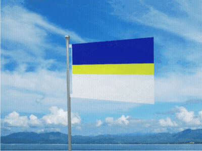 A Blue And Yellow Flag Is Flying In The Wind Over A Body Of Water GIF