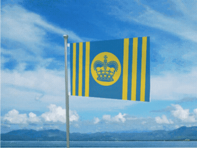 A Blue And Yellow Flag That Says ' Hawaii ' On It Is Flying In The Wind GIF
