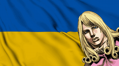 A Blue And Yellow Flag With A Drawing Of A Girl In Front Of It GIF