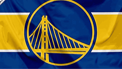 A Blue And Yellow Flag With A Golden State Warriors Logo GIF