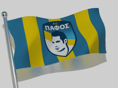 A Blue And Yellow Flag With A Man 'S Face And The Word Pafos GIF