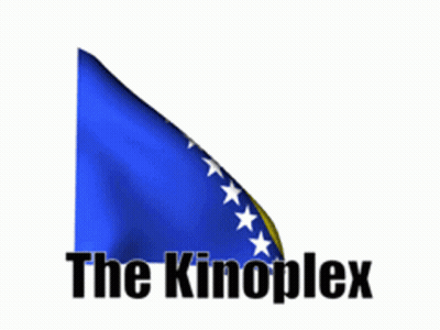 A Blue And Yellow Flag With The Words " The Kinoplex " Underneath It GIF