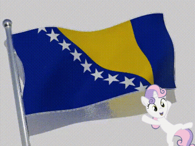 A Blue And Yellow Flag With White Stars And A Pink Pony Standing Next To It GIF