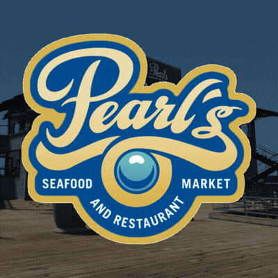 A Blue And Yellow Logo For Pearl 'S Seafood Market GIF