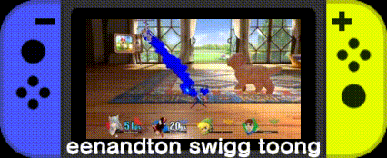 A Blue And Yellow Nintendo Switch With The Words Eenandton Swigg Toong At The Bottom GIF