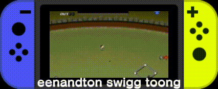 A Blue And Yellow Nintendo Switch With The Words Eenandton Swigg Toong On It GIF