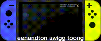 A Blue And Yellow Nintendo Switch With The Words Eenandton Swigg Toong On The Bottom GIF
