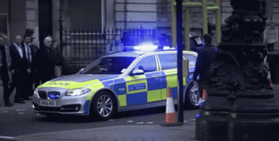 A Blue And Yellow Police Car With A License Plate That Says E916 H00 GIF