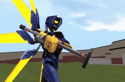 A Blue And Yellow Robot Is Holding A Large Weapon With The Letter E On It GIF