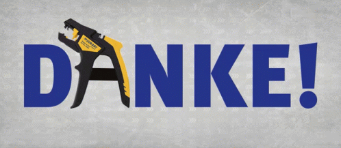 A Blue And Yellow Sign That Says Danke With A Wire Stripper GIF