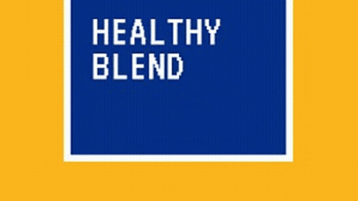 A Blue And Yellow Sign That Says " Healthy Blend Loading " GIF