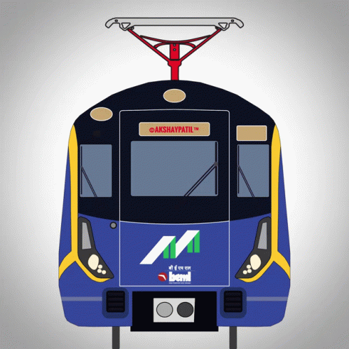 A Blue And Yellow Train With A Sign That Says Akshaypatil GIF