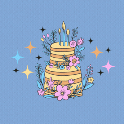 A Blue Background With A Birthday Cake And The Words " Happy Birthday " GIF