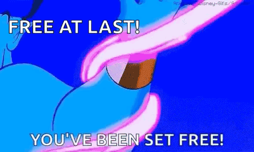 A Blue Background With A Cartoon Character And The Words `` Free At Last You 'Ve Been Set Free '' GIF