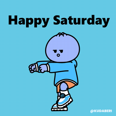 A Blue Background With A Cartoon Character And The Words Happy Saturday On It GIF
