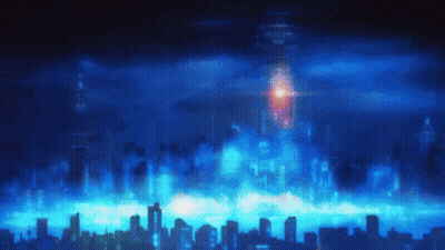 A Blue Background With A City In The Foreground And A Red Light In The Background GIF