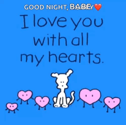 A Blue Background With A Dog And Hearts That Say Good Night Babey GIF