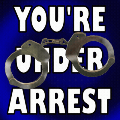 A Blue Background With A Pair Of Handcuffs And The Words You 'Re Under Arrest GIF