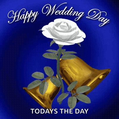 A Blue Background With A White Rose And Gold Bells And The Words Happy Wedding Day Todays The Day GIF