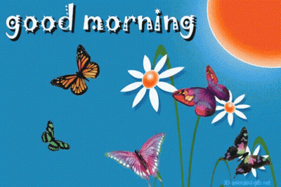 A Blue Background With Butterflies And Flowers And The Words Good Morning On It GIF