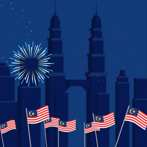 A Blue Background With Fireworks And The Words Selamat Hari Malaysia In Yellow GIF