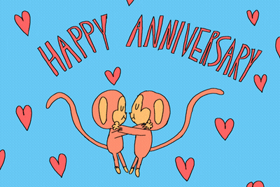 A Blue Background With Hearts And The Words Happy Anniversary GIF