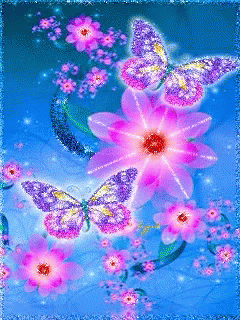 A Blue Background With Pink Flowers And Purple Butterflies Flying Around Them GIF