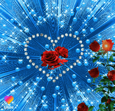 A Blue Background With Red Roses And Diamonds In A Heart Shape GIF