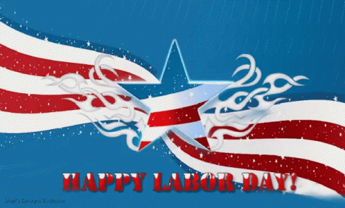 A Blue Background With Red White And Blue Stripes And The Words Happy Labor Day GIF