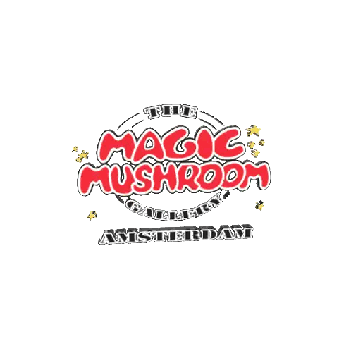 A Blue Background With The Magic Mushroom Gallery Amsterdam Written On It Sticker