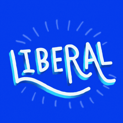 A Blue Background With The Word Liberal Written In White Letters GIF